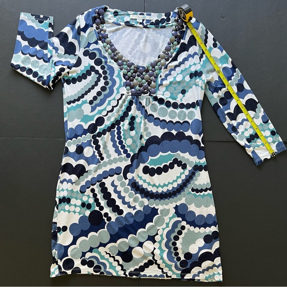 Boden Size US 8 Beaded V-Neck Dress Blue Teal Abstract Print Stretch Jersey - Picture 6 of 11